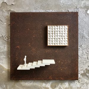waarheen? | keramiek, hout, cortenstaal, kunststof | h 26,5 cm | 2020